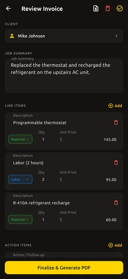 Review Invoice screen with editable line items, client and job summary